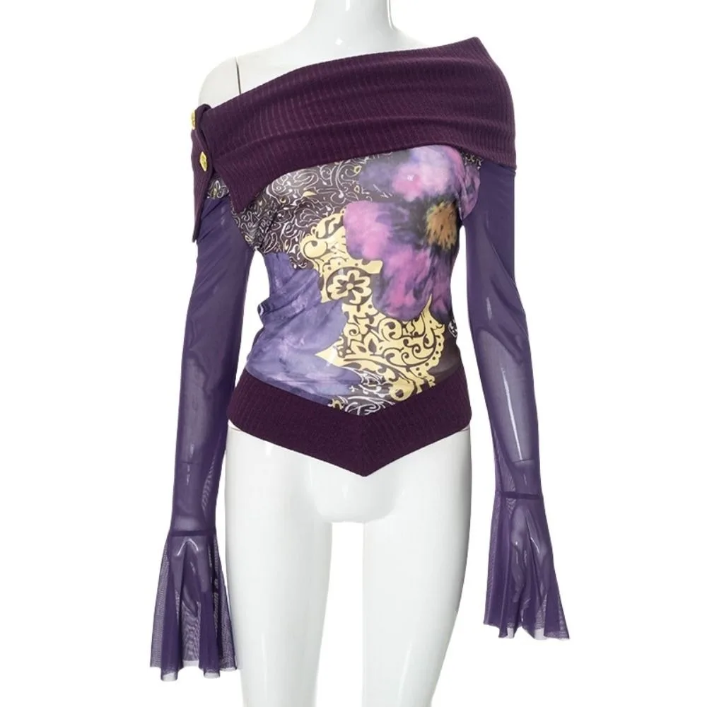 Модный фиолетовый топ с открытыми плечами расклешенные рукава лоскутный