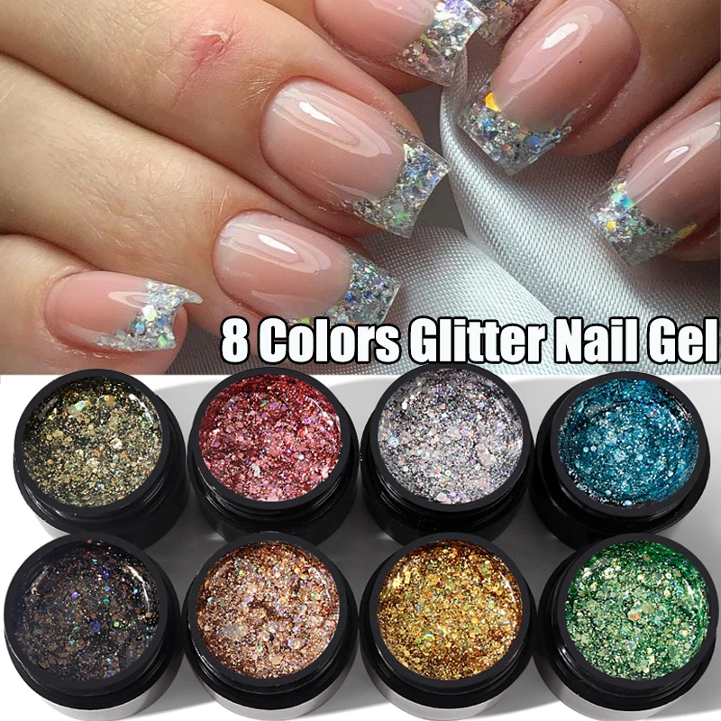 

5ML Diamond Sequins Nail Gel Polish 8 Colors Semi Permanent Shiny Varnishes Painting Nail Art Design Top Coat Base Manicure Gel