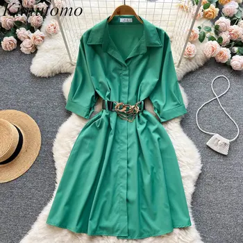 Kimutomo Vintage Loose Solid Simple Shirt Dress Woman Elegant Lapel Single Breast Half Sleeve High Waist Belt A-line Dresses Ins 1
