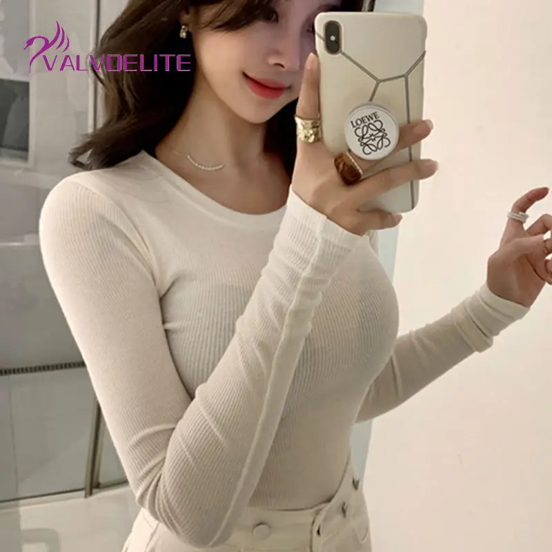 

Spring Autumn New Woman Knitted T-shirt Sexy Tight-fitting Chest Top Threaded Long-sleeved Round Neck Pullover Bottoming Shirt