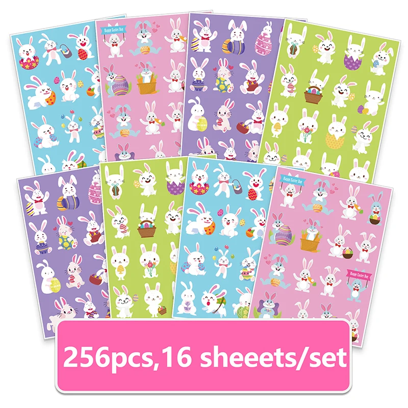 

16 Sheets Happy Easter Stickers Cartoon Rabbit Bunny Easter Eggs Seal Lable Sticker For Kids DIY Card Envelope Stationery Decor