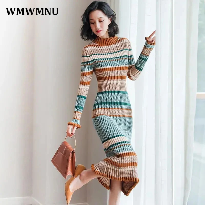 Купи Vintage Striped Mid-Length Slim Knitted Dress Women Winter Korean Half Turtleneck Bodycon Sweater Dresses Elegant Vestidos Mujer за 1,095 рублей в магазине AliExpress