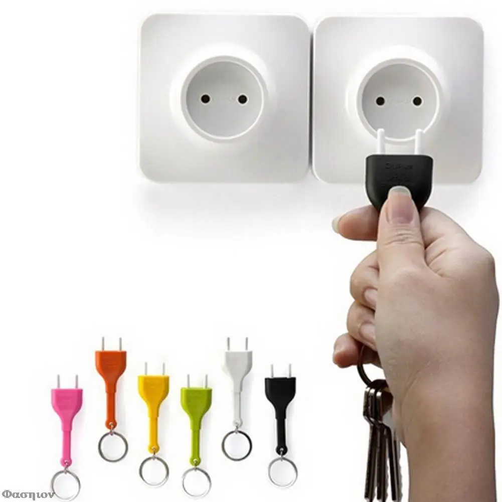 

Home Wall Decroation Design Unplug Keyring With Anti-lost EU Plug Socket Keychain Key Ring Storage Holder 1 Pcs Random Color