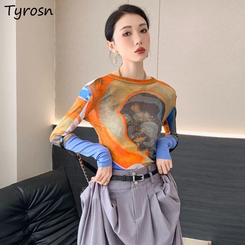 

T-shirts Women Print Design Fashion Slim Simple All-match Sexy American Style Vintage Thin Summer Sun-proof Elegant Tender Daily