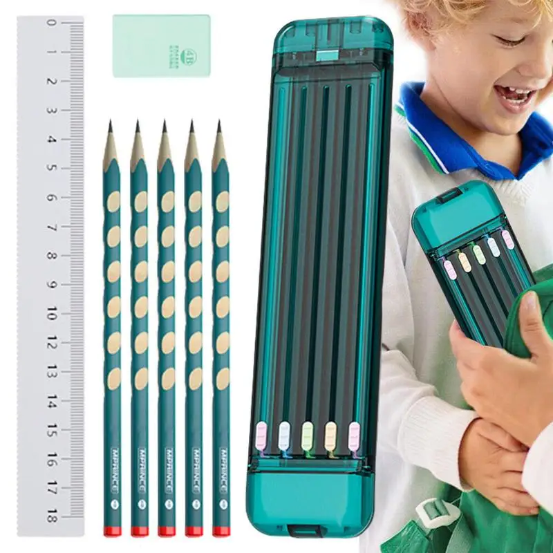 Case School Small Compact Hard Shell Tip Anti-break Stationery Organizer Protective Storage 1 Eraser 5 Pencils 1 Ruler