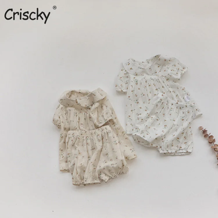 

Criscky Newborn Baby Girl Clothes Set Summer Printing Short Sleeve Romper Flower Shorts 2PCS Outfit New Born Infant Clothing