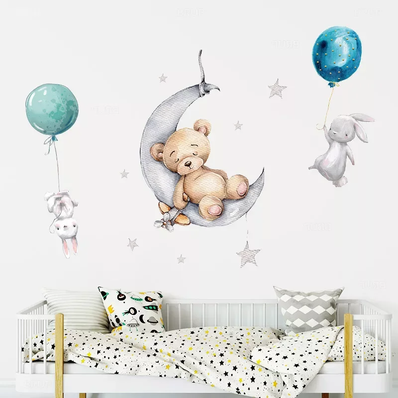 

Watercolor Balloon Bunny and Brown Bear Wall Stickers for Kids Room Baby Nursery Room Decoration Wall Decal Party PVC Watercolor