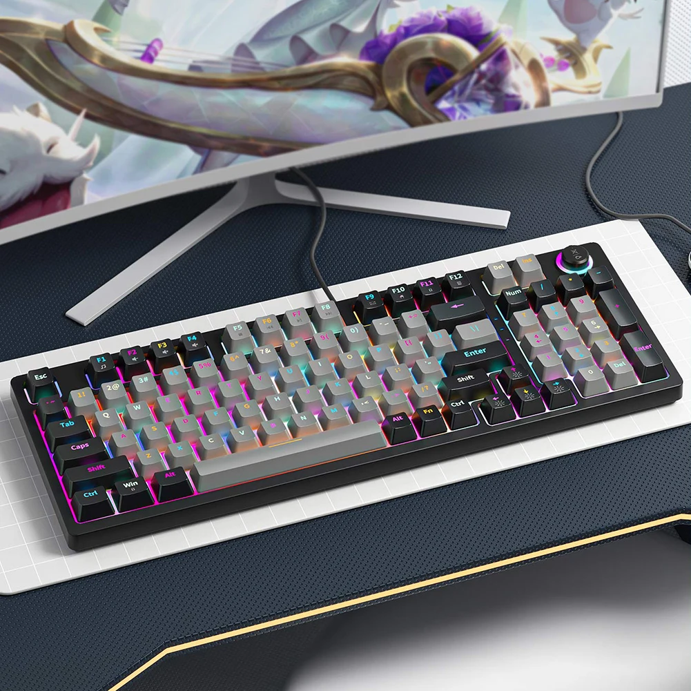 

Игровая механическая клавиатура, проводная клавиатура с RGB подсветкой, 98 клавиш, с клавишами PBT и ручками, для ПК, ноутбука