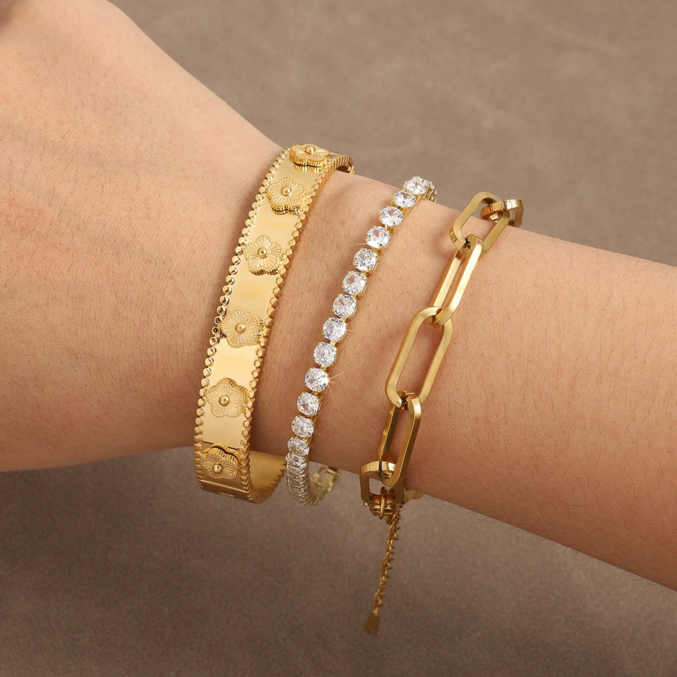 Женский Повседневный Браслет из нержавеющей стали с цветком сливы 5 листов