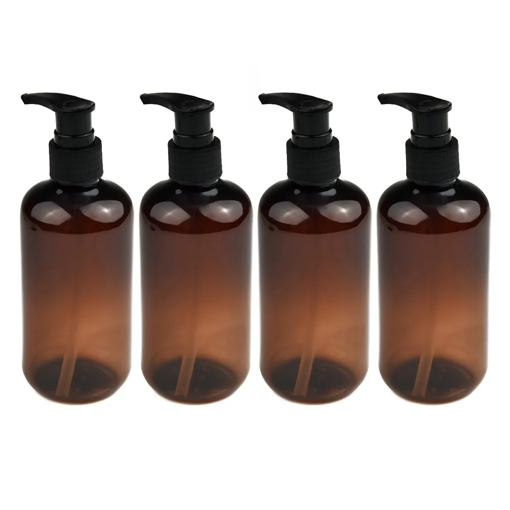 

4Pcs 250ml Empty Brown PET Bottle Refillable Black Lotion Pump Soap Dispenser For Salons Therapists Spas Home Empty Pump Bottles