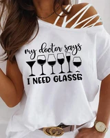 summer fashion round neck cold shoulder short sleeve casual loose women t shirts wine glass letter print cold shoulder top