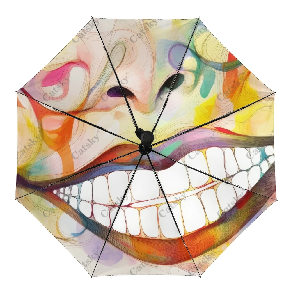 

Colorful Painting Of Mouth Umbrella Rain Women 3-Folding Fully Automatic Umbrella Sun Protection Outdoor Travel Tool Parapluie