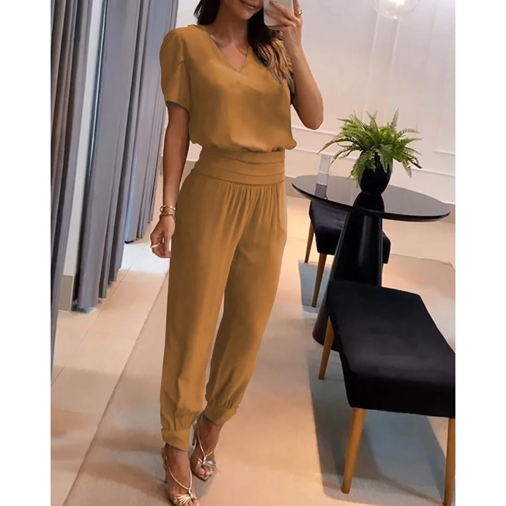 Women Puff Sleeve V-Neck Short Sleeve Top & High Waist Cuffed Pants Set Casual Femme Fashion Two-Piece Set Woman Outfits Clothes