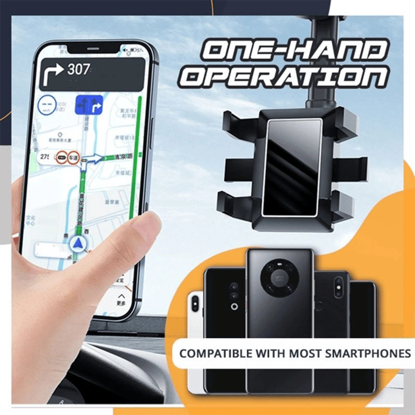 360° Rearview Mirror Phone Holder for Car Mount Phone and GPS Holder Universal Rotating Adjustable Telescopic Car Phone Holder