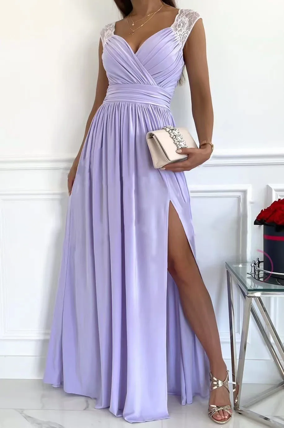 

Summer New Women's 2022 Dresses New Solid Color Sleeve Lace Backless Hem Slit European Beauty Sexy Party Dresses