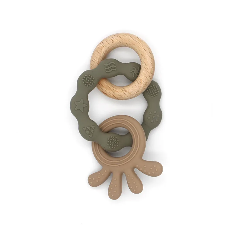 

3 In 1 Octopus Pendant Bracelet Teething Wood Ring Baby Rattle Toys Food Grade Silicone Nursing Baby Teether Teething Ring
