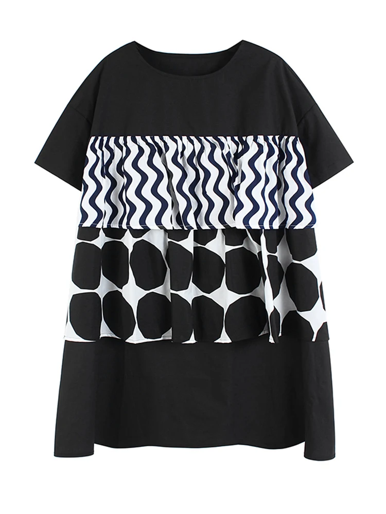 

Women Black Dot Irregular Big Size Long T-shirt New Round Neck Short Sleeve Fashion Tide Spring Summer 2022 M387