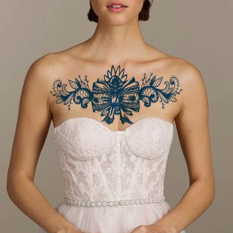 

Lace Bow Flower Juice Ink Lasting 10-15day Tattoos Body Art Fake Tatto Waterproof Temporary Tattoo Sticker Chest for Men Women