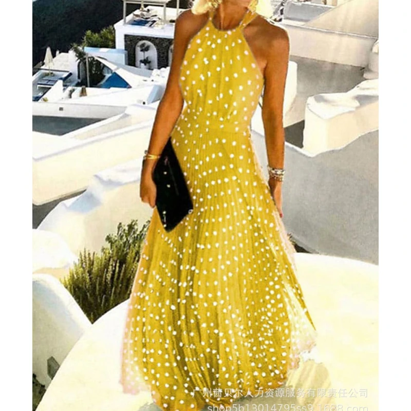 

Женское Плиссированное Платье для отпуска без рукавов с круглым вырезом и высокой талией, Y2K, одежда, элегантный корсет в горошек, богемное платье, Повседневная мода