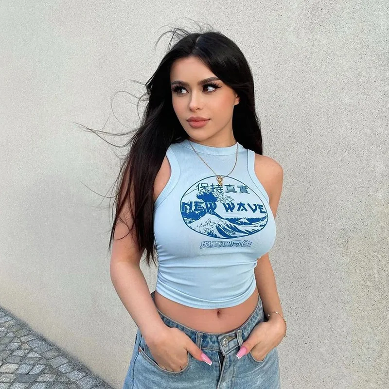

New Summer Clothes for Women Crop Top Sexy Harajuku Fashion Letter Print Blue Tank Tops