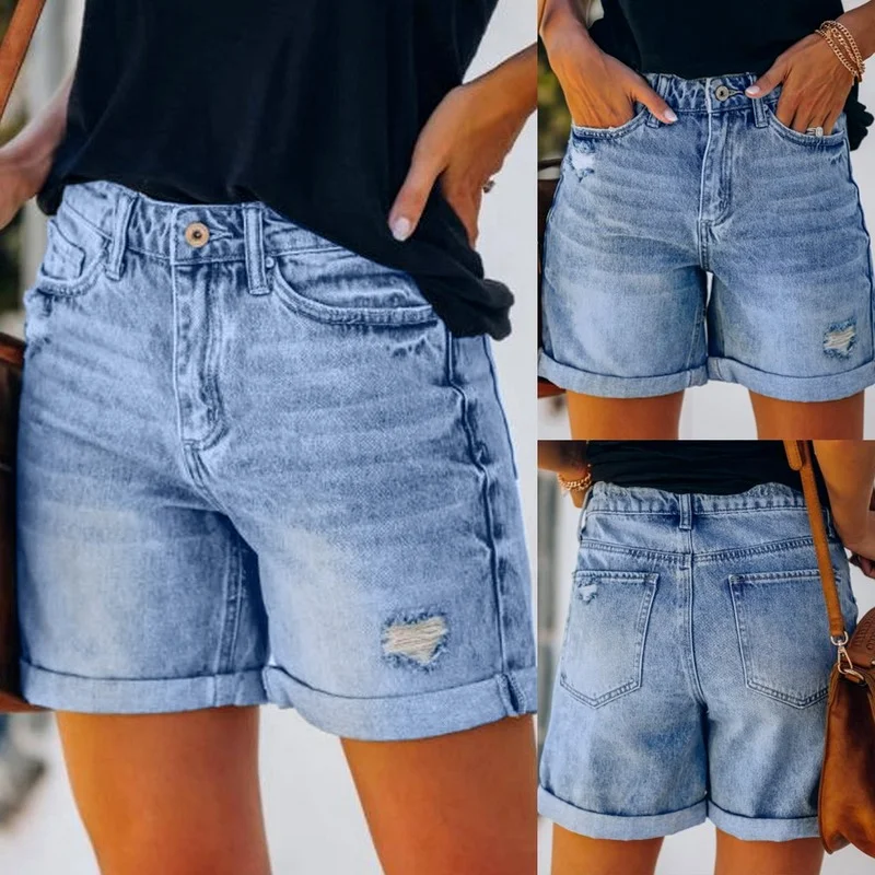 Women Clothing Casual Loose Elastic High Waist Wide Leg Straight Short Jeans 2021 Summer Plus Size Denim Shorts Streetwear