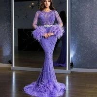 purple luxury o neck sexy mermaid evening dresses 2022 diamond feathers long sleeves formal dress serene