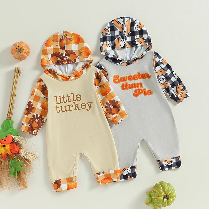 

Infant Baby Thanksgiving Jumpsuit turkey Letter Print Round Neck Long Sleeve Hood Romper for Boys and Girls 0-24Months