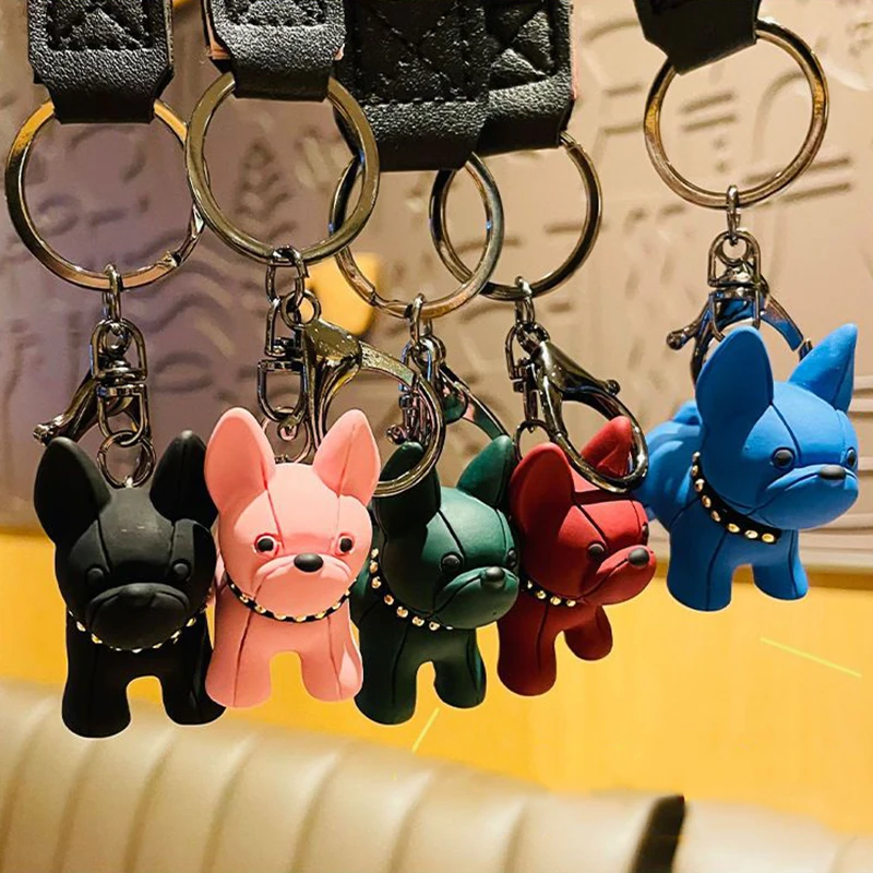 

Bulldog PU Leather Keychain Cute Bag Charms Keyring Resin Doll Punk Cartoon Dog Women Men Keychain Bag Pendant Car Key Ring