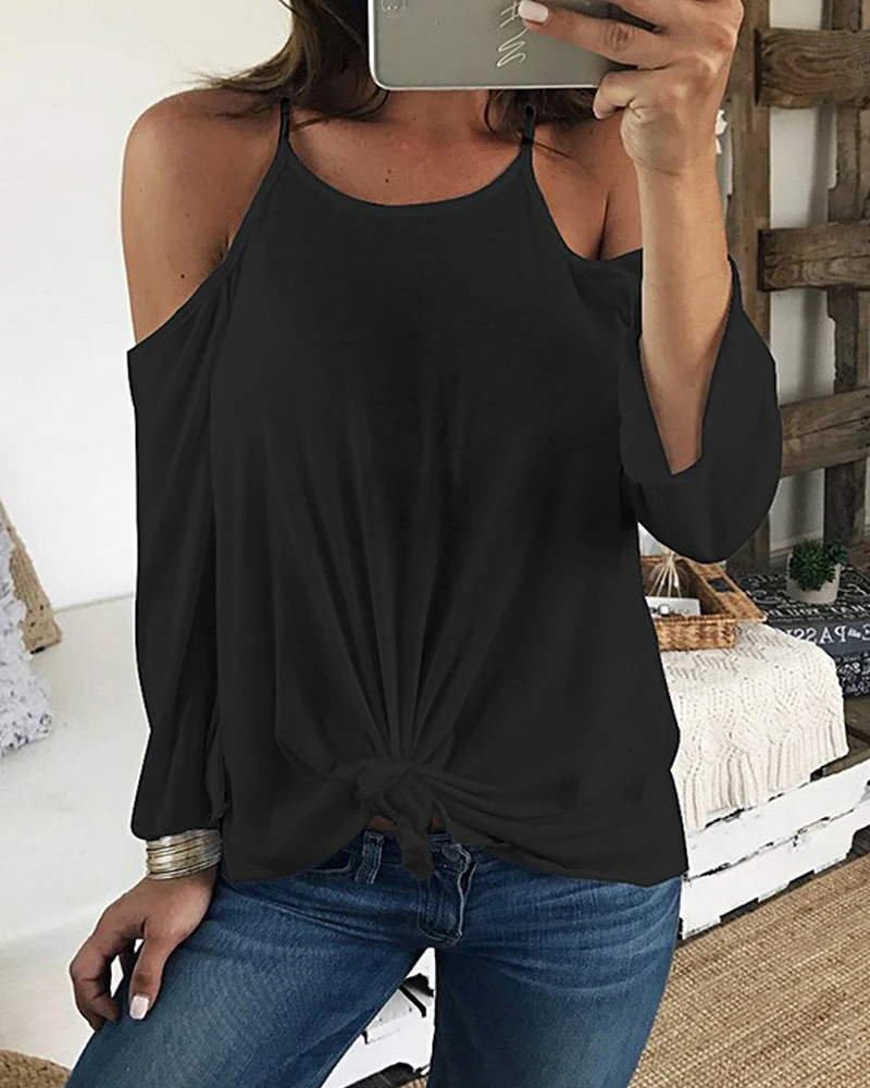 

Spring Fashion Flared Sleeve Backless Hollow Out Long T-shirts Women Sexy Off-the-shoulder Solid Suspenders Blouses