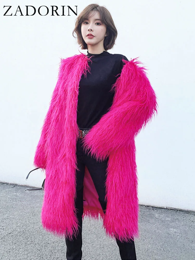 ZADORIN 95cm Long Hairy Faux Sheep Fur Coat Women Top Fashion Colorful Luxury Fluffy Faux Fur Jackets Winter Trench Coats Women