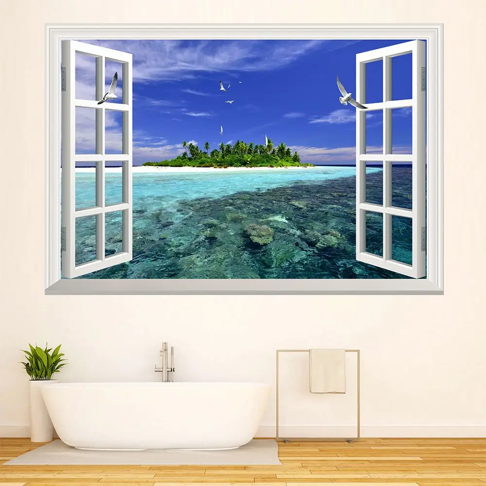 

3D Window Wall Stickers Home Decor Summer Beach Coconut Tree Island Removable Vinyl Decals Landscape Wallpaper Modern Decoration