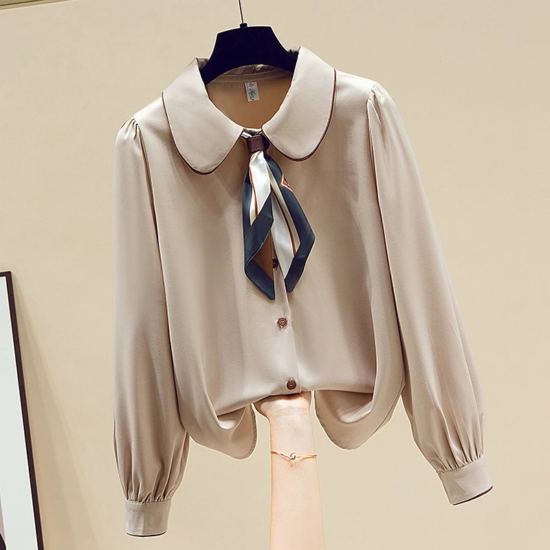 

2022 Spring Women's Clothing Solid Full Cutting Counter Withdrawal Satin Shirts Peter Pan Collar Scarf Bow Tie Chiffon Top