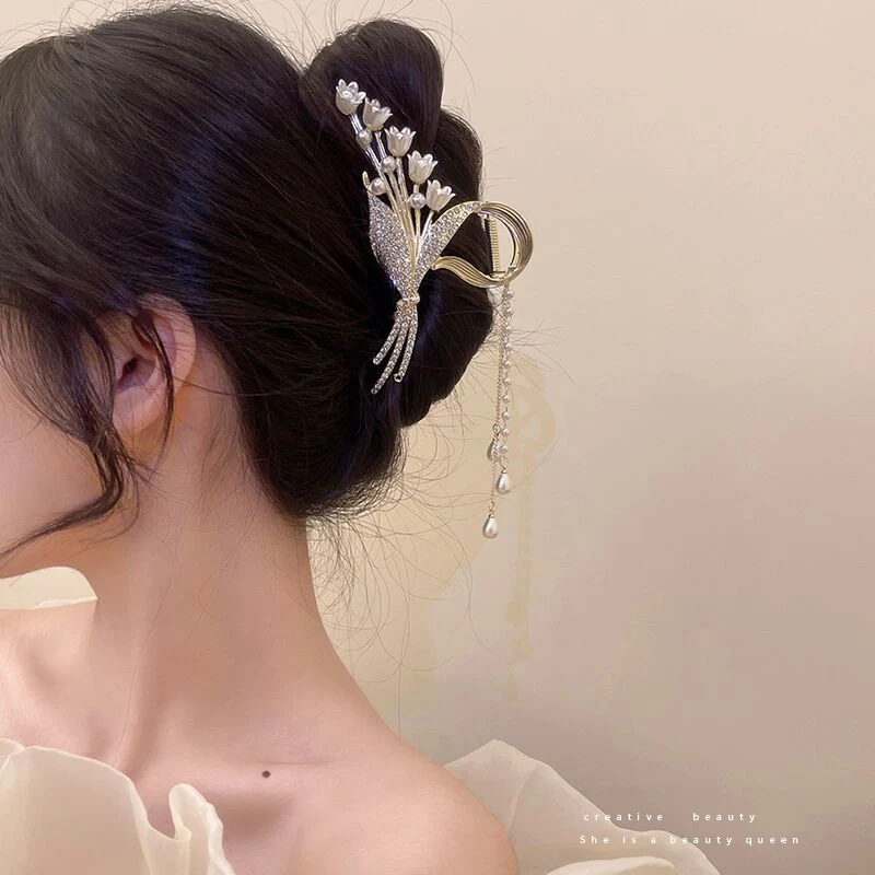

Korea Elegant Lily of The Orchid Flower Grab Clip Retro Women's Pearl Fringe Ponytail Claw Clip Girl Hair Decorative Headwear