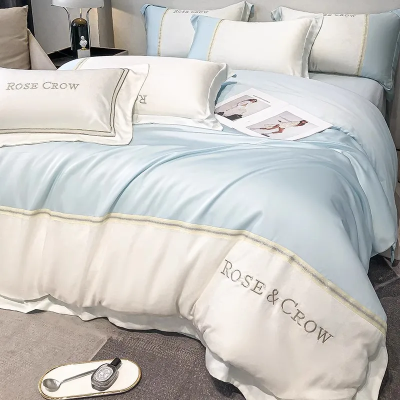 

New Summer Bedding Set Luxury Superior Silky Letter Embroidery Double Duvet Cover Bed Sheets and Pillowcases Bed Comforter Set