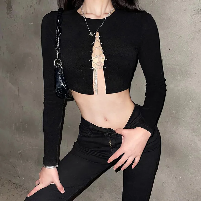 

Women Sexy Crop Tops Solid Color Long Sleeve Cross Rhinestone Chain Shirt Summer Clothes Party Clubwear