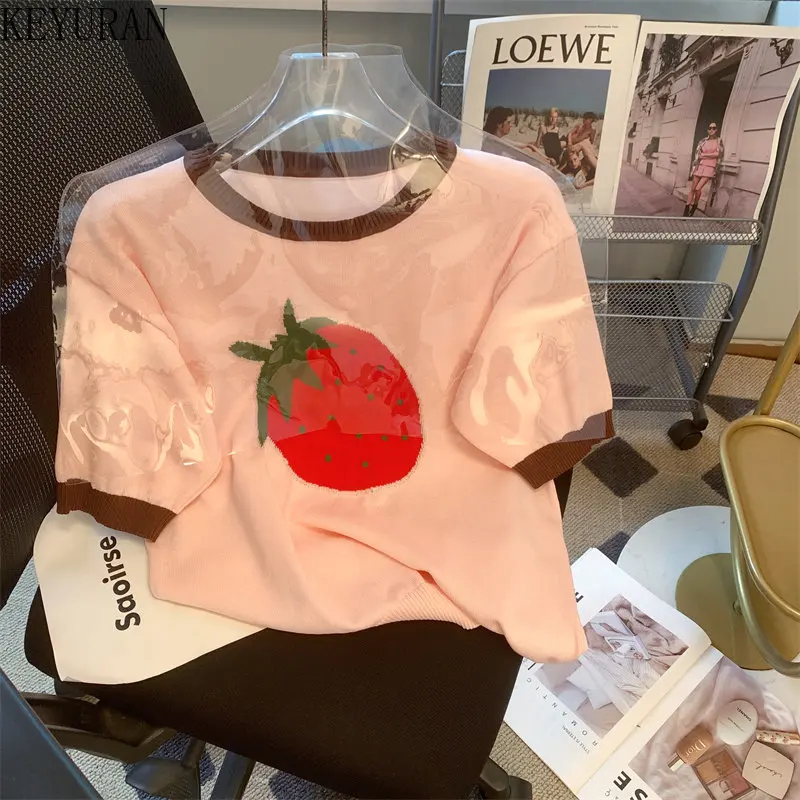 

Summer Ice Silk Knit Tshirt Women's O-neck Strawburry Jacquard Short Sleeve Sweater Pullover Knitwear Tops Girls Tees Pull Femme