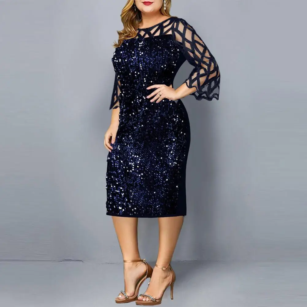 

Ladies Slim Dress Sequins Temperament Mesh Stitching Small Split Dress for Banquet