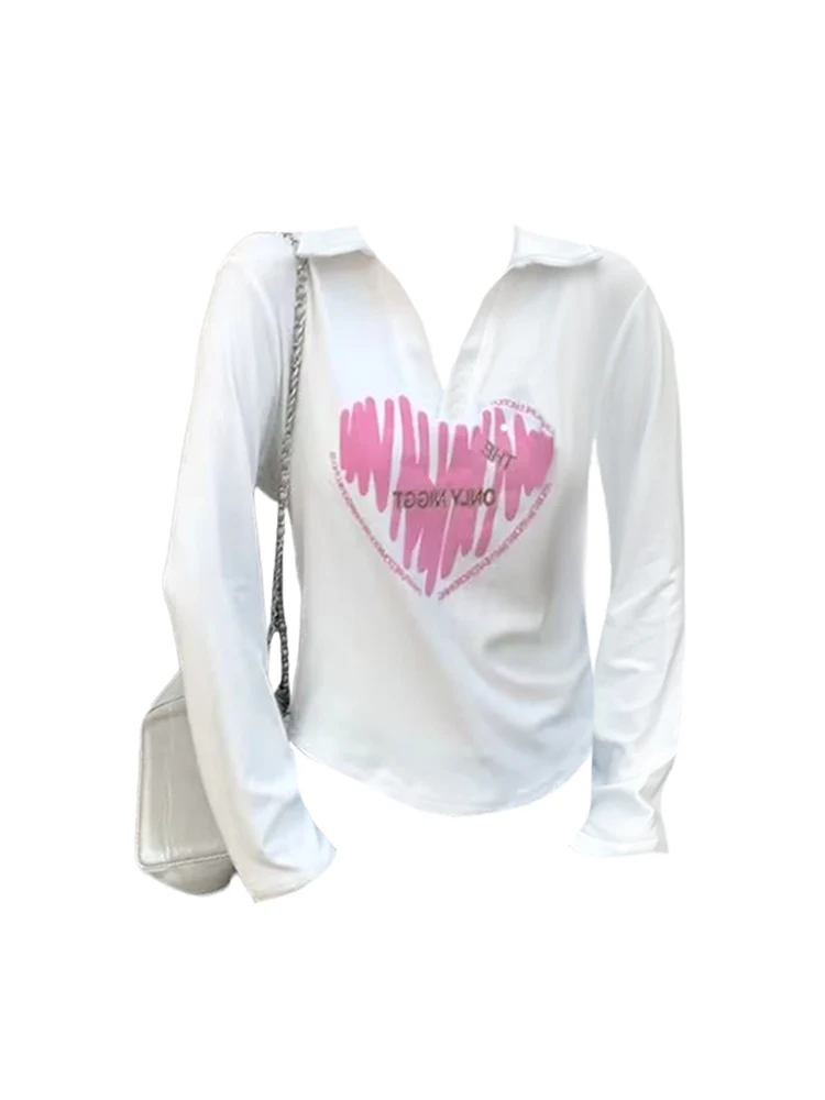 

Harajuku Cartoon Print Graphic Korean T-shirt Casual Ladies Turn-Down Collar Sleeved Tees Streetwear Top New Design Tide Clothes