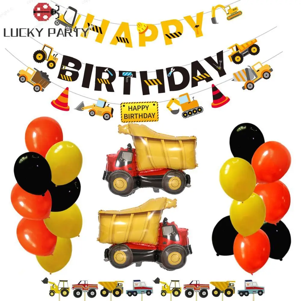 

Construction truck party theme decoration Engineering truck birthday flag banner Aluminum foil balloon birthday cake insert card