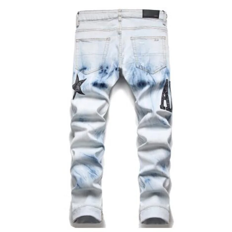 European goods jeans mens trousers ripped embroidery five-pointed star trend elastic slim-fit pencil pants all-match джинсы