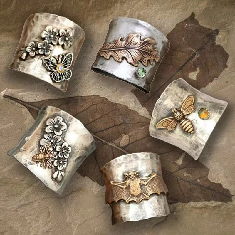 

5 Styles Classic Vintage Engraved Animal Pattern Butterfly Bee Rings for Women Collectible Antique Silver Rings Anillo De Mujer