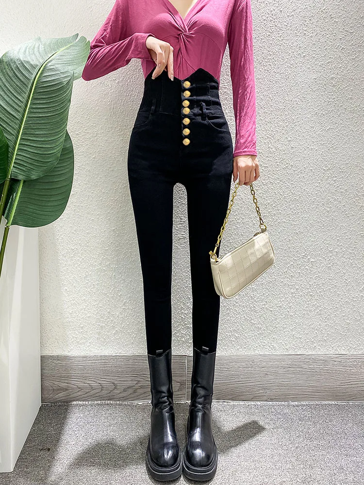 

Winter Fleece Button Waist Tuck Skinny Jeans Mujer Women Warm Denim Pencil Pants Fashion High Waist Velvet Trousers