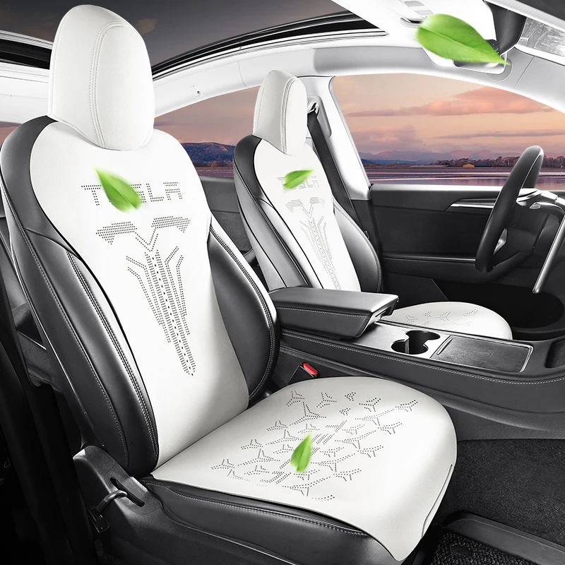 Фото Замшевая подушка для автомобильного сиденья Tesla Model Y Model 3 2021 2022 2023, воздухопроницаемые автомобильные аксессуары, полный комплект, белый цвет №1
