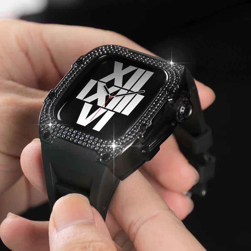 Stainless Steel Case For Apple Watch 8 7 45mm Silicone Strap Luxury Diamond Set Bezel Modification Kit for iWatch 6 5 4 SE 44mm