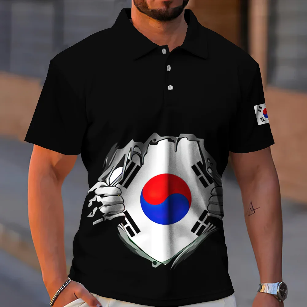 

South Korea National Emblem Printed Polo Shirt Men Summer Golf Shirts Short Sleeve T-Shirt National Flag Print Men's Clothing