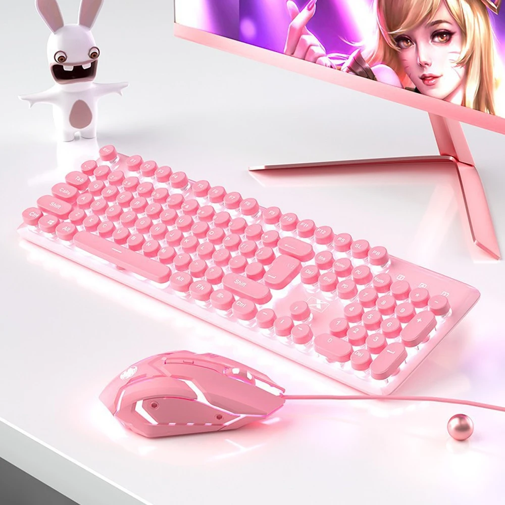 

3 in 1 Mute Keyboard Mouse Headset Combo Ergonomic Pink Round Punk Keyboard 26 Keys No Impact Mice Kit for Gamers Laptop Offices