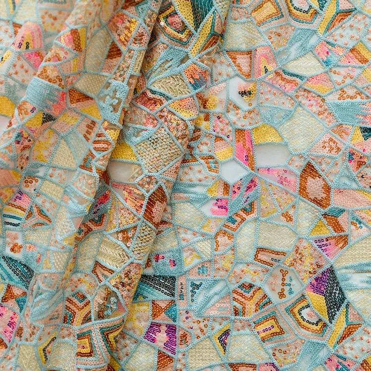 

1meter price Heavy Industry Brilliant Candy Color Irregular Geometric Embroidered Sequin Dress Fashion Designer Fabric