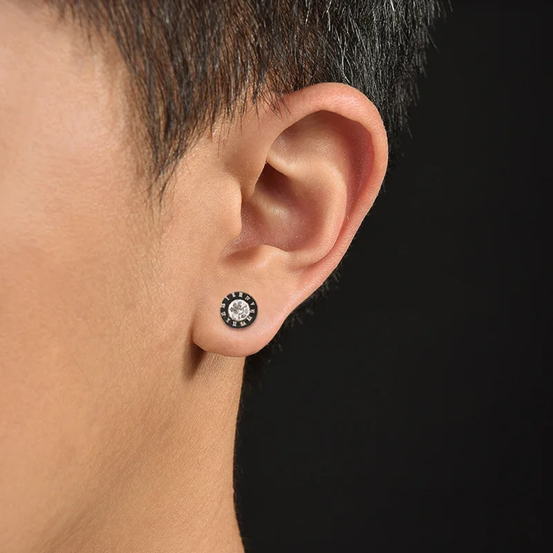 Fashion Round zircon Inlay Earring for Men Black Round Stainless Steel Simple Ear Studs Earrings Punk Earring Jewelry Wholesale