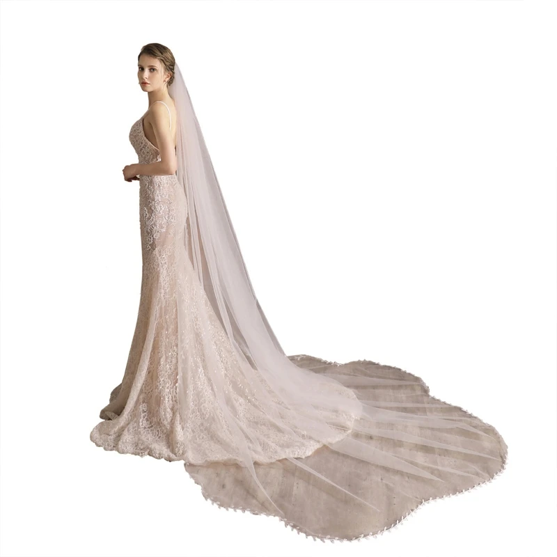 

Bridal Veil with Comb Leaves Embroideries Trim Sheer Tulle Long Drop Chapel Veils for Bride Elegant Photo Props