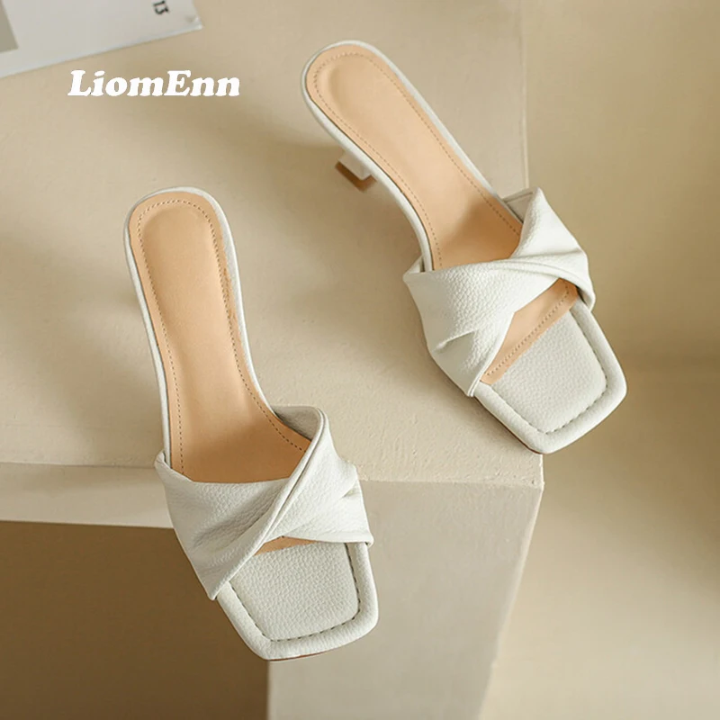 Pleated Heel Slippers For Women 2023 Trend Summer Outdoor Casual Square Toe Women Sandals Green Orange Sexy Elegant Party Shoes